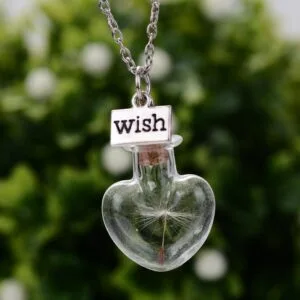 Dandelion Wish Cork Glass Heart Pendant - Long Necklace Chain