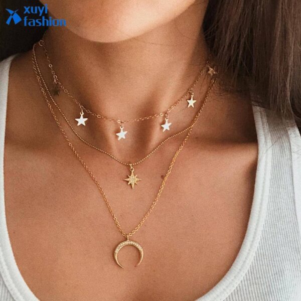 Multi-layer Fashion Necklace Choker Retro Moon Star Crescent Pendant