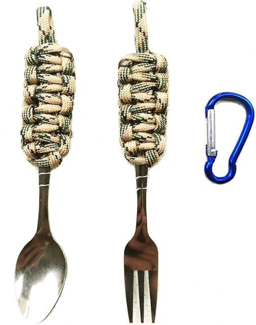 Tactical Paracord Camping Spoon & Fork Set with Carabiner - Image 3