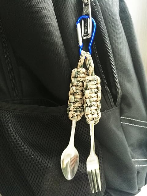 Tactical Paracord Camping Spoon & Fork Set with Carabiner - Image 2