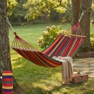 Outdoor Camping Hammock Striped Canvas with Spreader Bars Travel Bag
