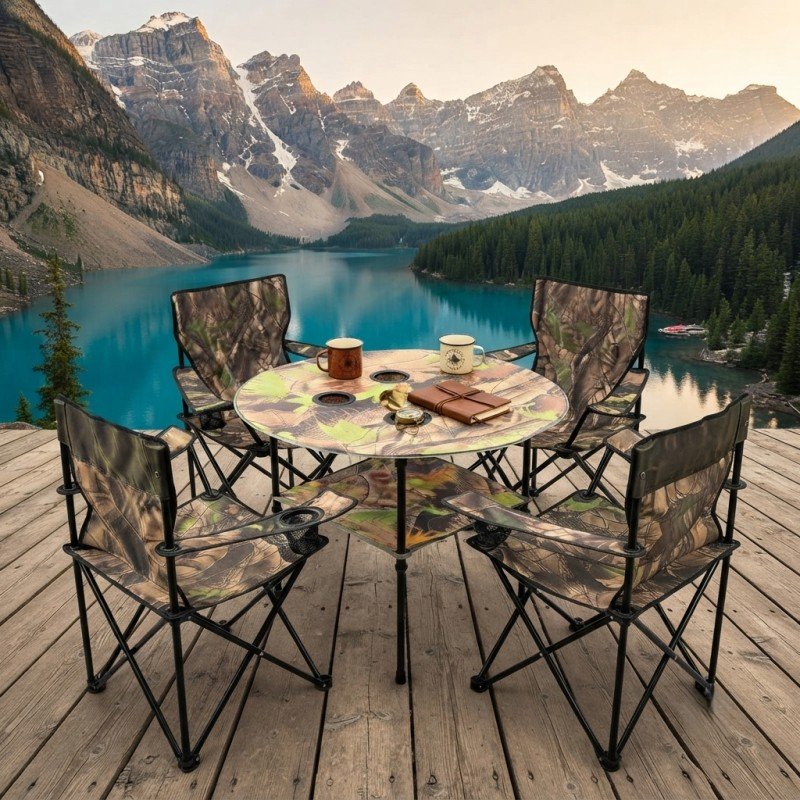 Folding Table and 4 Chairs Arm Support - Outdoor Portable Camping Set